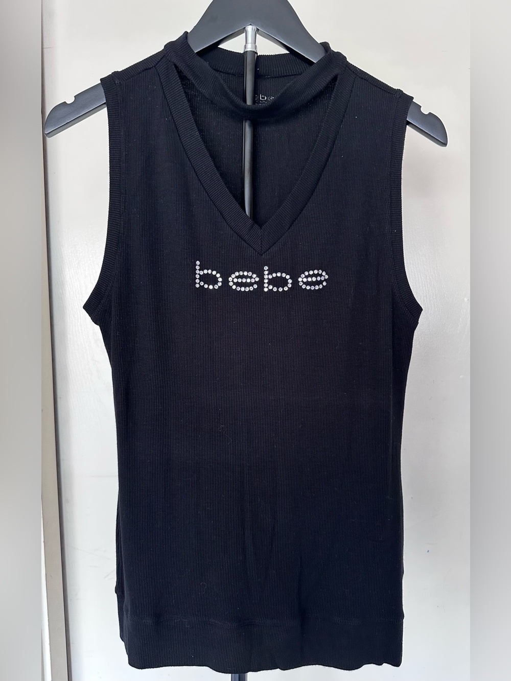 BEBE Rhinestone Sleeveless with Unique Cut-Out Neckline Size L